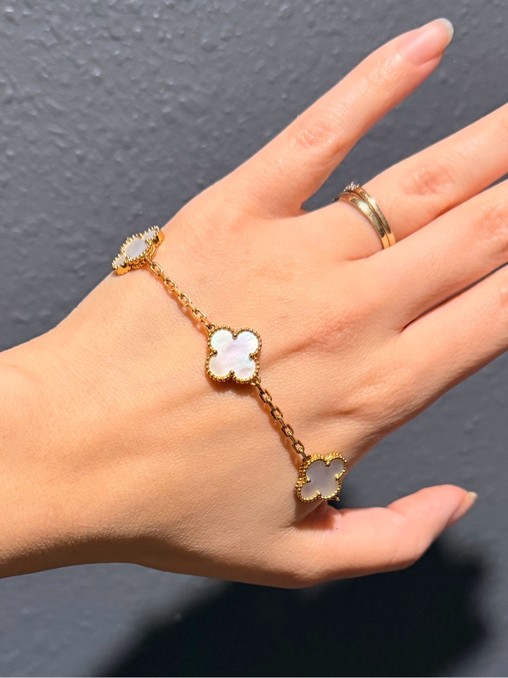 "van cleef & arpels" mother of pearl Clover Motif with Gold Accents